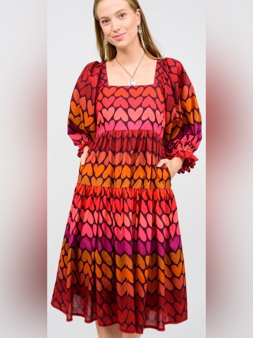 Ivy Jane NWT Ombre Heart Print Tiered Midi Dress Puff Sleeve Cottagecore Size L